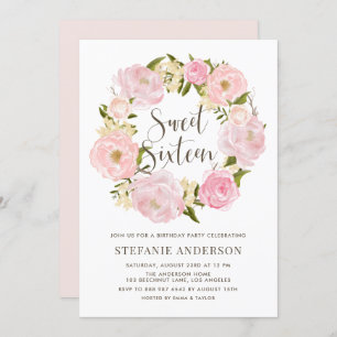 Invitación Watercolor Rubor Pink Peony Wreath Sweteen