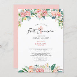 Invitación Watercolor Rubor Rosa Cruz Floral Primera Comunión