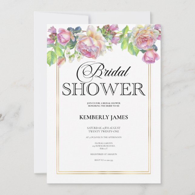 Invitación Watercolor Rubor Rosas Bridal Shower (Anverso)