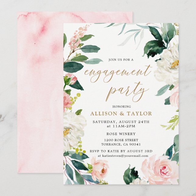 Invitación Watercolor Rubor Rustic Engagement Party (Anverso / Reverso)
