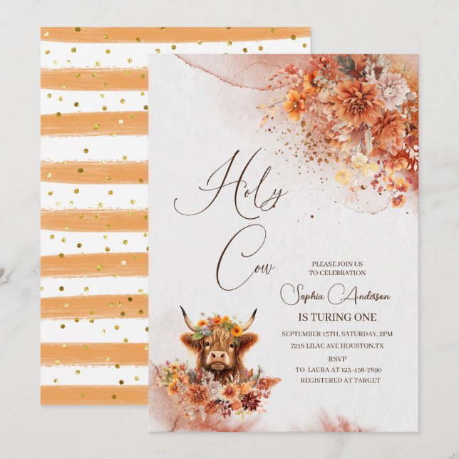 Invitación Watercolor Rust Highland Cow SE ESTÁ VOLVIENDO UNO (Anverso / Reverso)