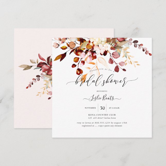 Invitación Watercolor Rust Naranja Gum Eucalyptus Bridal Shwr (Anverso / Reverso)