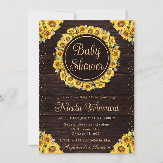 Invitación Watercolor Rustic Sunflowers Wreath Baby Shower (Anverso)