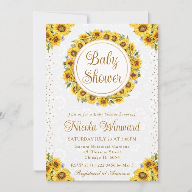 Invitación Watercolor Rustic Sunflowers Wreath Baby Shower (Anverso)