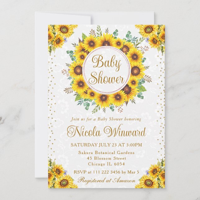 Invitación Watercolor Rustic Sunflowers Wreath Baby Shower (Anverso)