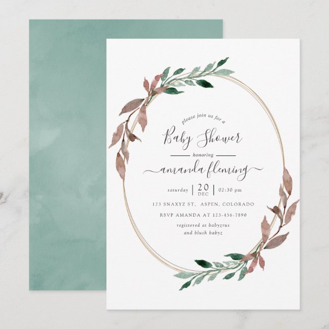 Invitación Watercolor Rústico Greenery Winter Baby Shower (Anverso / Reverso)