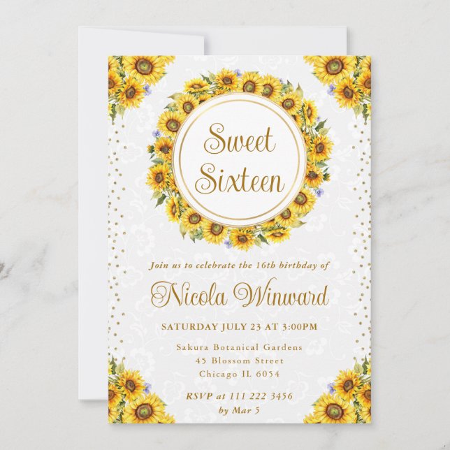 Invitación Watercolor Rústico Sunflowers Wreath Sweet 16 (Anverso)