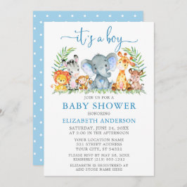 Invitación Watercolor Safari Animales Blue Script Boy Shower