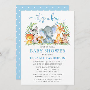 Invitación Watercolor Safari Animales Blue Script Boy Shower