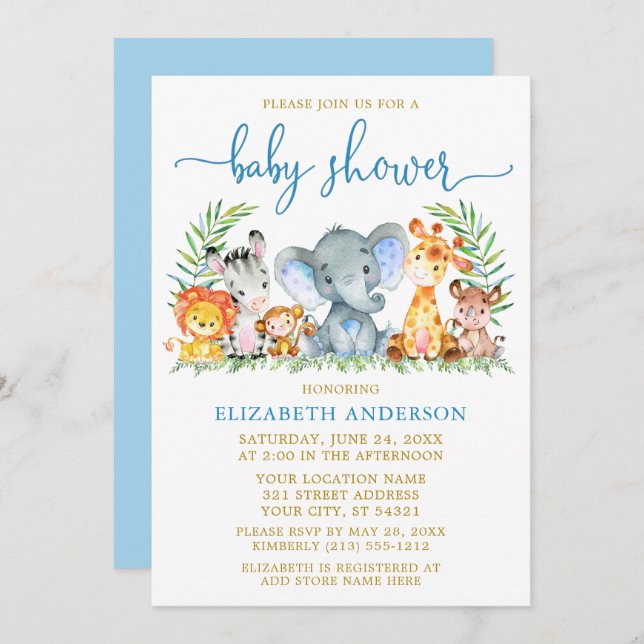 Invitación Watercolor Safari Animales Blue Script Shower Gold (Anverso / Reverso)