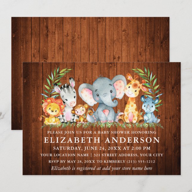 Invitación Watercolor Safari Animales Chica de Madera Baby Sh (Anverso / Reverso)