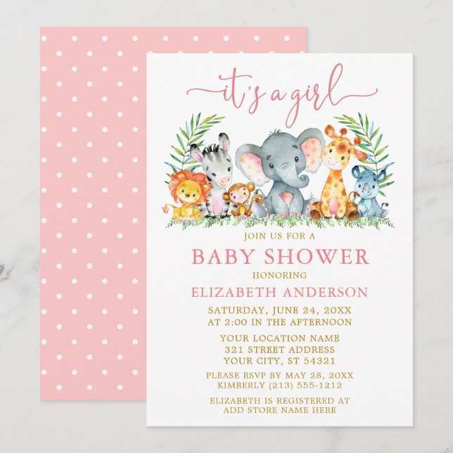 Invitación Watercolor Safari Animales Chica guion rosado (Anverso / Reverso)