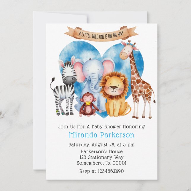 Invitación Watercolor Safari Animals Boy Baby Shower (Anverso)