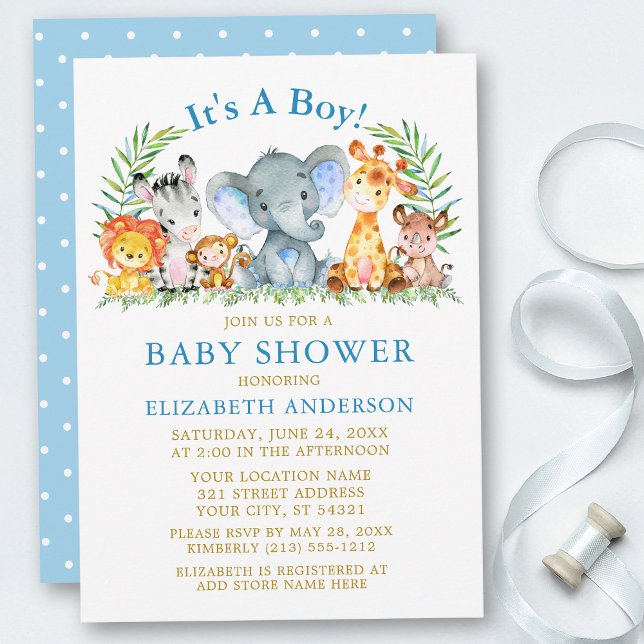 Invitación Watercolor Safari Animals Gold Boy Baby Shower (Customize to change text color, size or text style.)