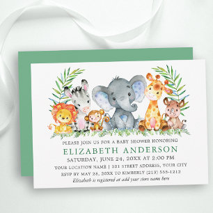 Invitación Watercolor Safari Animals Greenery Baby Shower