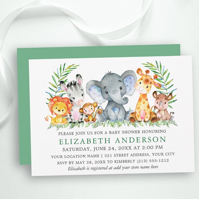 Invitación Watercolor Safari Animals Greenery Baby Shower (Customize to change text color, size, text style or change color of back of card.)