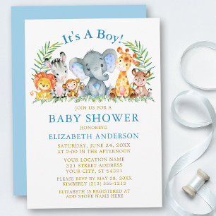 Invitación Watercolor Safari Animals Niño Baby Shower Gold