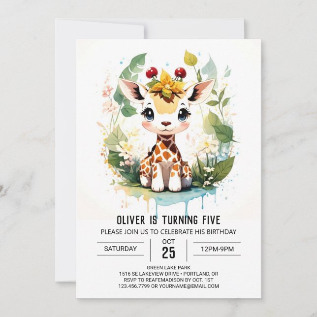 Invitación Watercolor Safari Journey Giraffe Birday (Anverso)