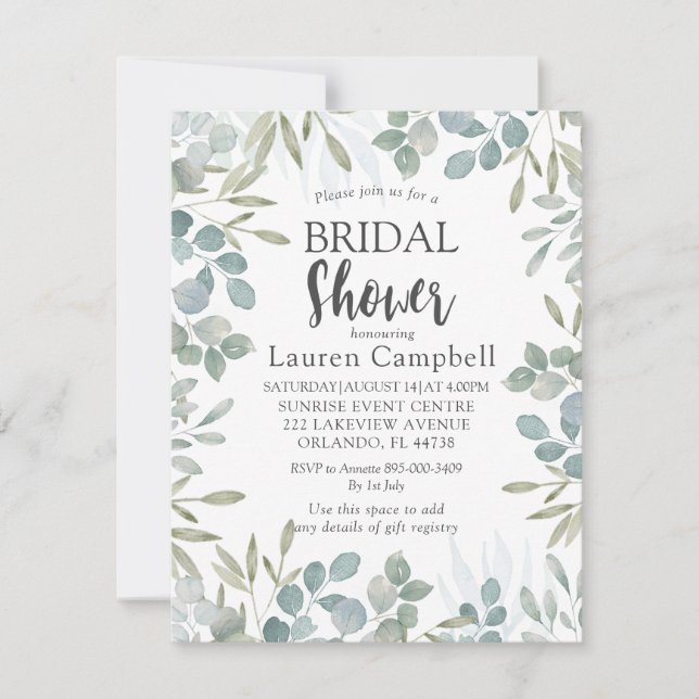Invitación Watercolor Sage Green Foliage Bridal Shower (Anverso)