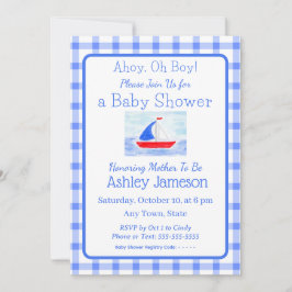 Invitación Watercolor Sailboat Blue Check Baby Shower