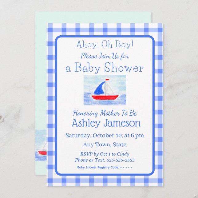 Invitación Watercolor Sailboat Blue Check Baby Shower (Anverso / Reverso)