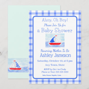 Invitación Watercolor Sailboat Blue Check Baby Shower