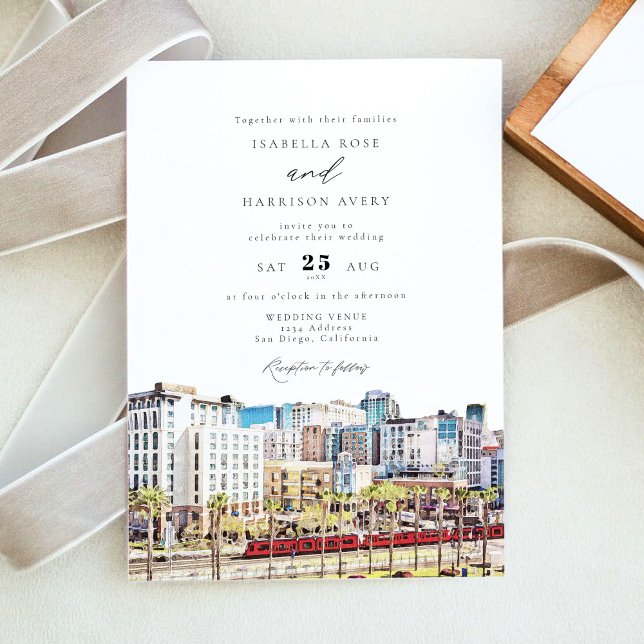 Invitación Watercolor San Diego California Skyline Wedding (Subido por el creador)