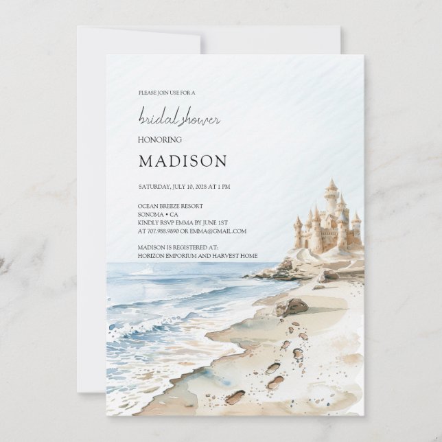 Invitación Watercolor Sand Castle Beach Shower (Anverso)