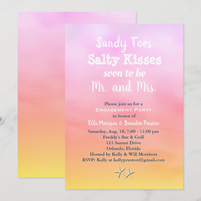 Invitación Watercolor Sandy Toes Engagement Party sunset (Anverso / Reverso)