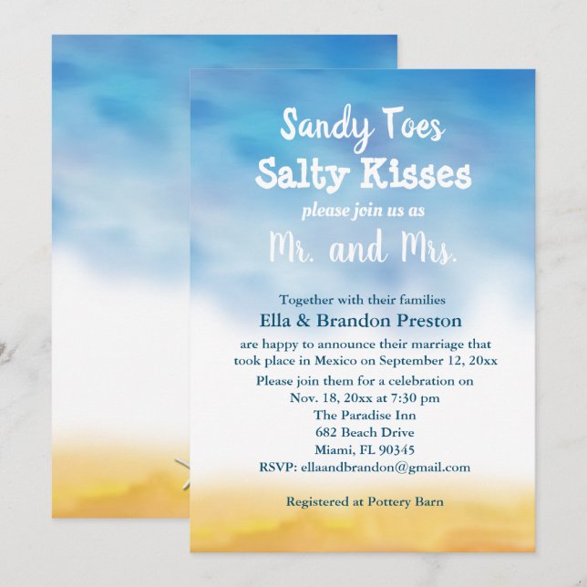 Invitación Watercolor Sandy Toes Post Wedding Recepción (Anverso / Reverso)