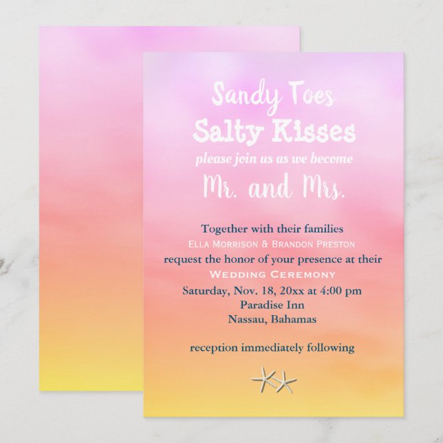 Invitación Watercolor Sandy Toes Wedding Invitar puesta de so (Anverso / Reverso)