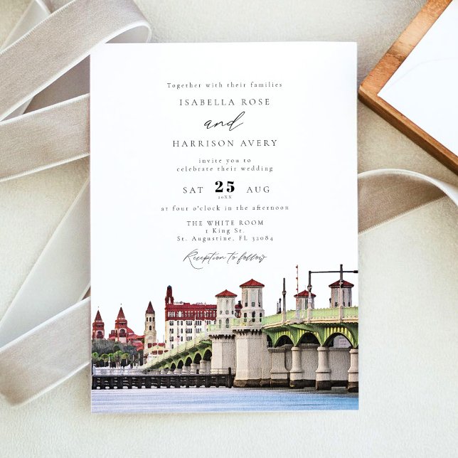 Invitación Watercolor Sant Augustine Florida Skyline Boda (Subido por el creador)