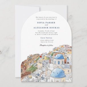 Invitación Watercolor Santorini Grecia Skyline boda