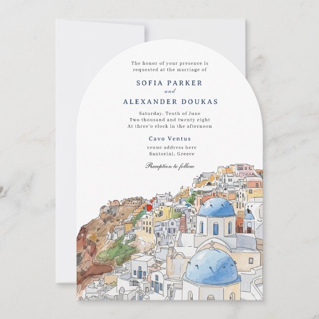 Invitación Watercolor Santorini Grecia Skyline boda (Anverso)