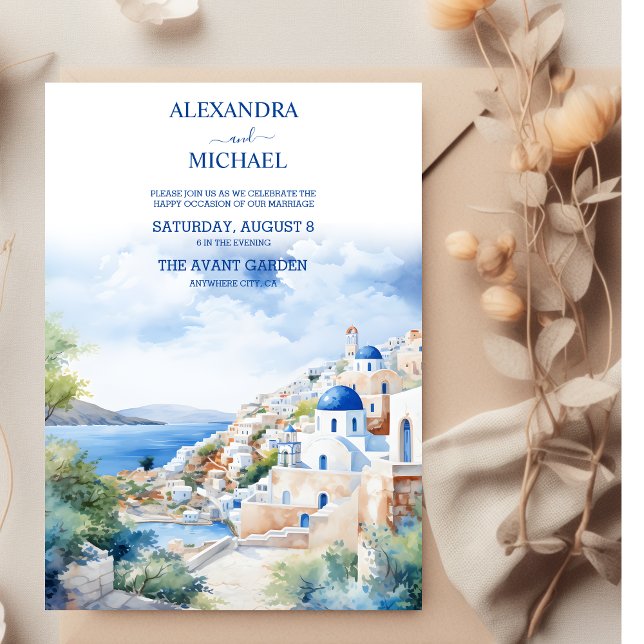 Invitación Watercolor Santorini Grecia Skyline Boda (Subido por el creador)