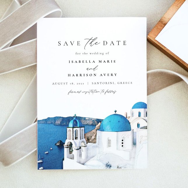 Invitación Watercolor Santorini Grecia Skyline Save the Date (Subido por el creador)