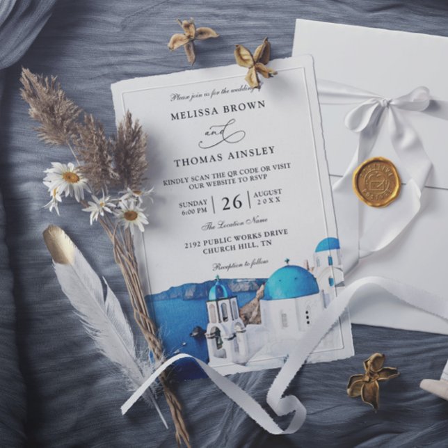 Invitación Watercolor Santorini Greece Budget QR Code Wedding (Subido por el creador)