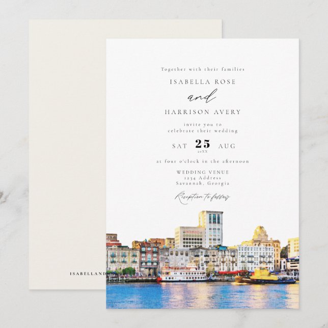 Invitación Watercolor Savannah Georgia Skyline Paint Boda (Anverso / Reverso)