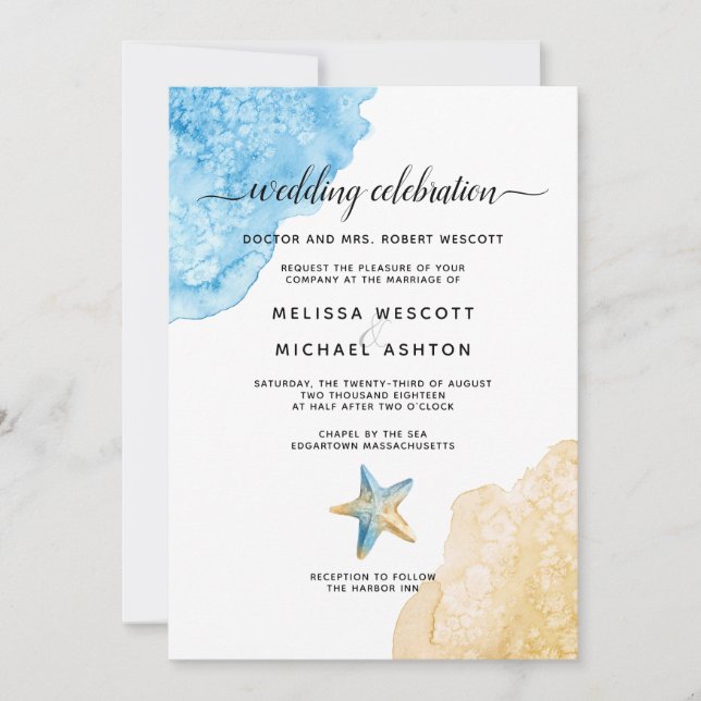 Invitación Watercolor Sea + Sand Modern Beach Event Boda (Anverso)