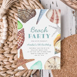 Invitación Watercolor Seashell Kids Beach Birday Party<br><div class="desc">Las invitaciones a las fiestas de verano en la playa cuentan con un borde de conchas acuáticas,  peces estrella y vidrio marino,  incluyendo junonia,  concha,  dólar de arena,  auger y almeja. Personalice los detalles de los fiestas de cumpleaños de sus hijos en el centro.</div>