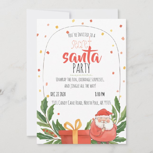 Invitación Watercolor Secret Santa Christmas Party  (Anverso)