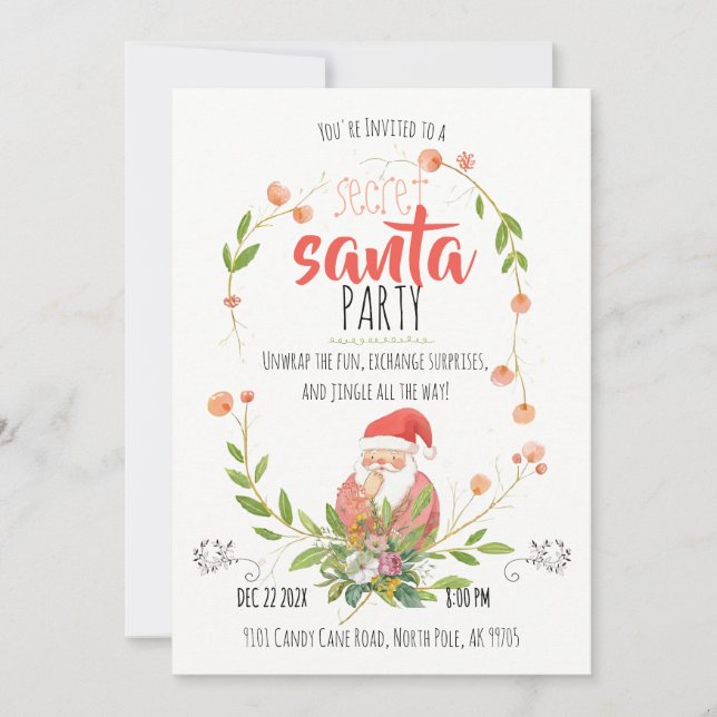 Invitación Watercolor Secret Santa Wreath Christmas  (Anverso)