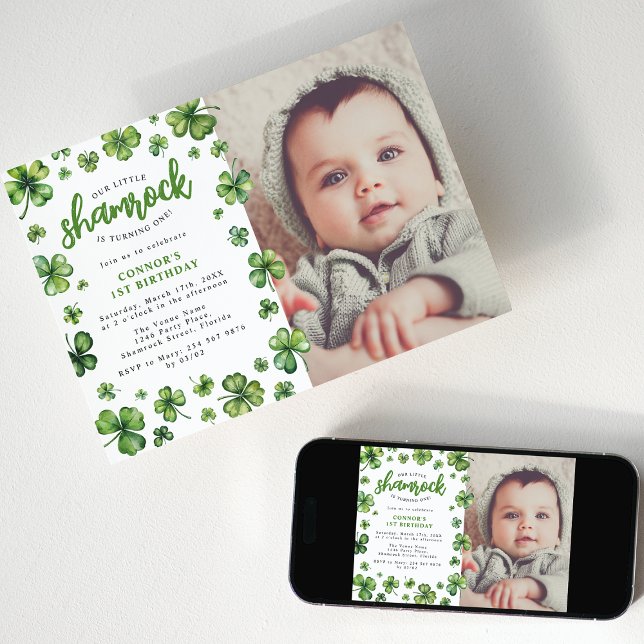 Invitación Watercolor Shamrock Photo Birday Party (Subido por el creador)