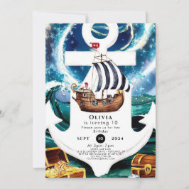 Invitación Watercolor Ship Fun Pirate Cumpleaños