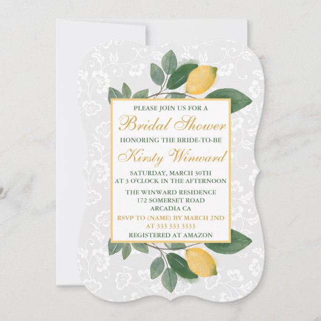 Invitación Watercolor Siciliano Lemons Bridal Shower (Anverso)
