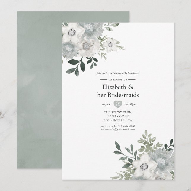 Invitación Watercolor Silver Sage Bridesmaids Luncheon (Anverso / Reverso)