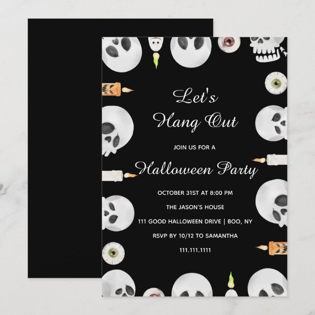 Invitación Watercolor Skull Let's Hang Out Halloween Party (Anverso / Reverso)