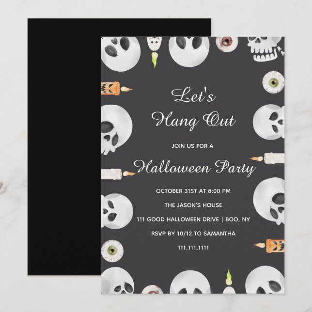 Invitación Watercolor Skull Let's Hang Out Halloween Party (Anverso / Reverso)