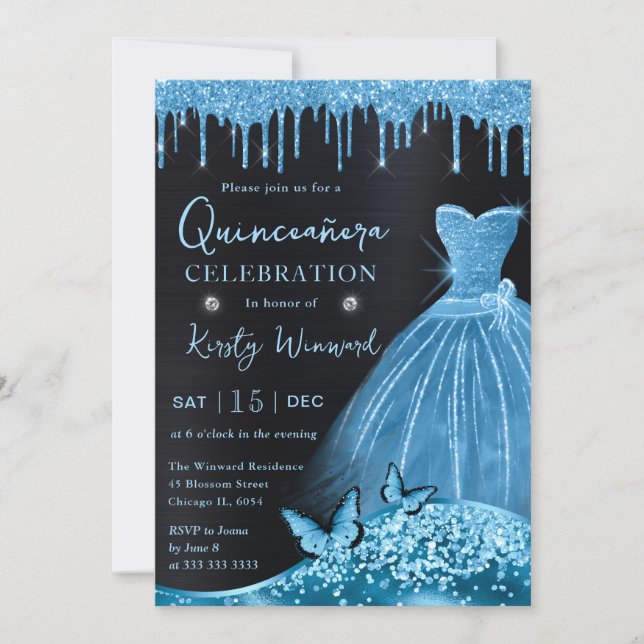 Invitación Watercolor Sky Azul Purpurina Vestido Quinceanera (Anverso)