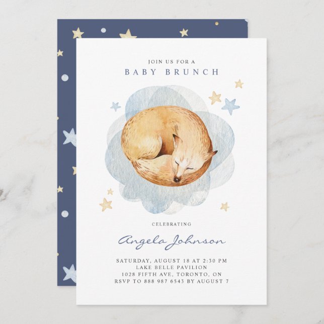 Invitación Watercolor Sleeping Baby Fox Baby Brunch (Anverso / Reverso)